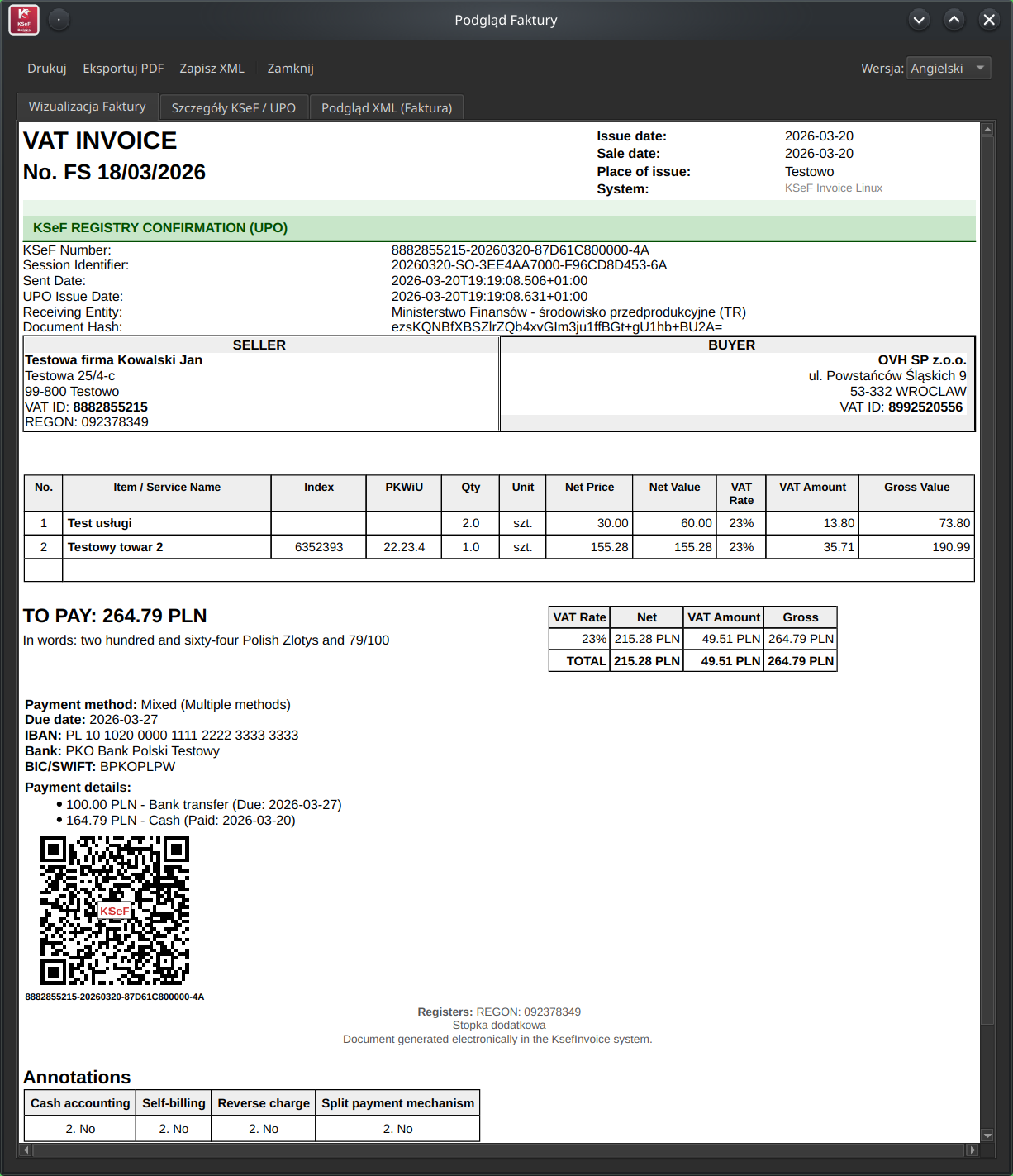 Lista faktur KSeF - widok EN